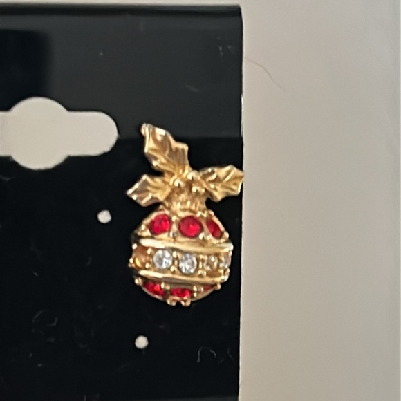 Holiday Ornaments Pierced Earrings Gold Tone With Red and White Rhinestones - Picture 2 of 3